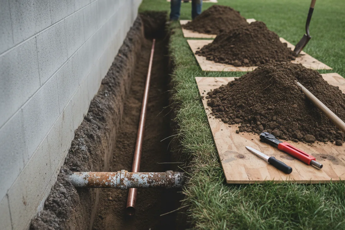 Excavated water line trench during Sewer Line Repair in Cheswold
